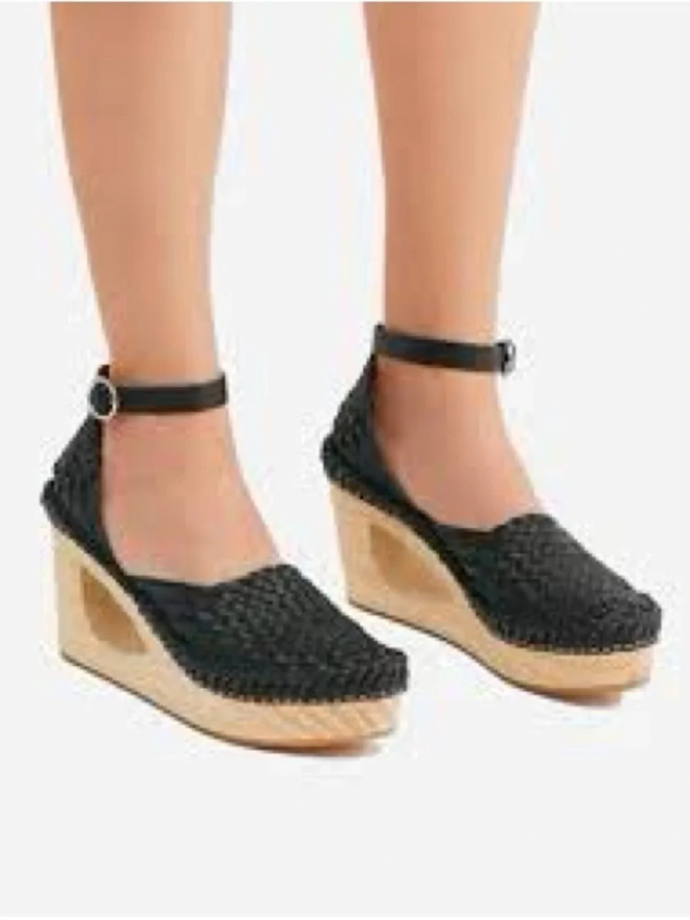 Free People women Black leather Woven Ankle-Strap Platform Wedges sandals US 8